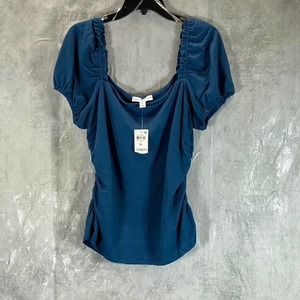 And Now This Women's Navy Ruched Square-Neck Short Puff-Sleeve Top SZ XL